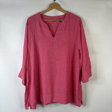 Land's End Womens Tunic Blouse Top Plus Size 2XL Pink Linen V-Neck 3/4 Sleeve