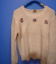 Vtg Changing Scene White Knit Sweater Pastel Pom Pom Flowers Acrylic Size L 80s