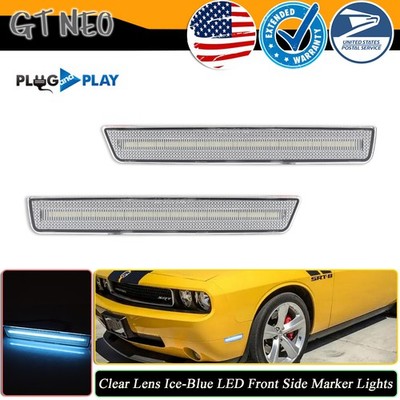 2X Clear Ice Blue LED Front Bumper Side Marker Lights For 15-23 Dodge Challenger