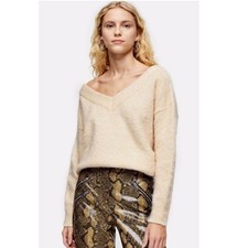 NWOT TopShop Oat Knitted Brushed Bardot Slouchy Sweater Cream Size Large