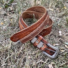 VTG Don Ricardo Tooled Leather Belt With Sterling Silver Hardware 31.5   35  