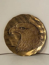 Wendell August Handmade Bald Eagle With Flag 4.5" Solid Bronze Trinket Dish
