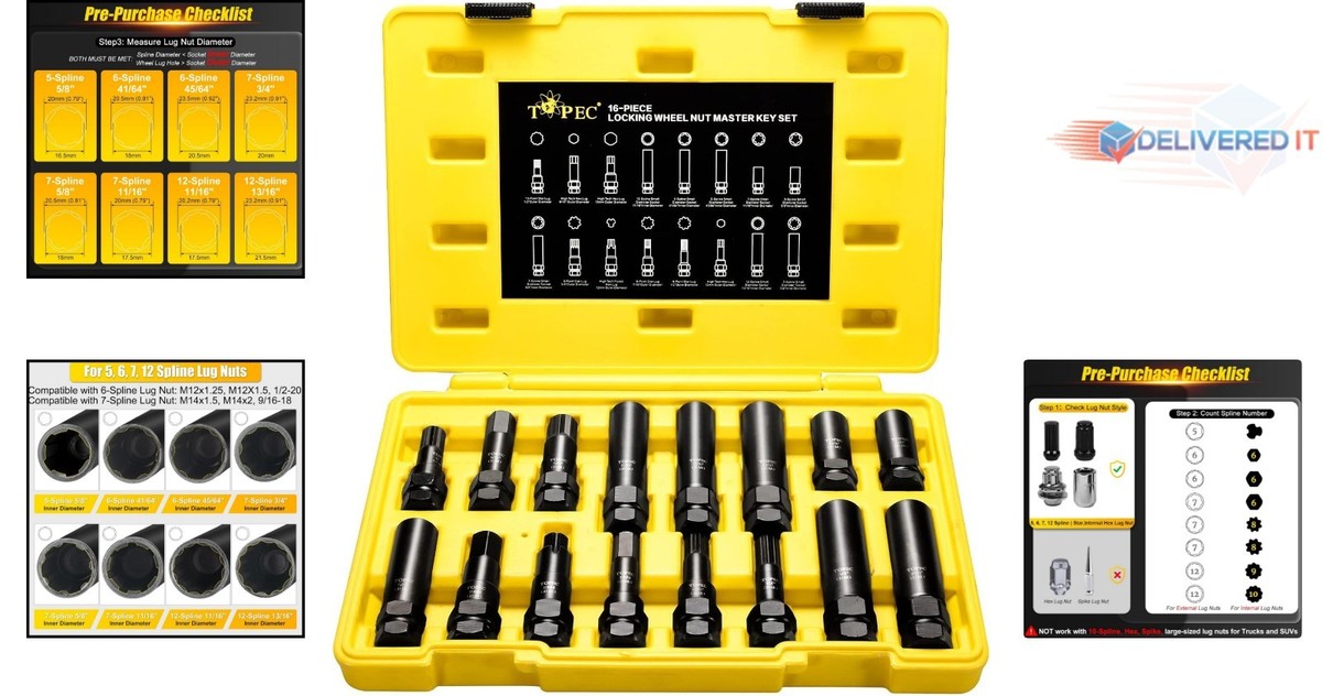 16-Piece Steel Locking Lug Nut Key Set 5-7 Spline Star Hex for
