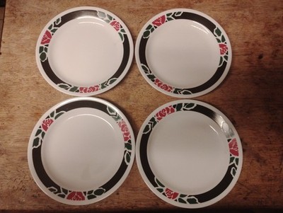 SET OF 4 - CORNING CORELLE - MADRID - 7 1/4'' SALAD PLATES -  BLACK RED GREEN RIM