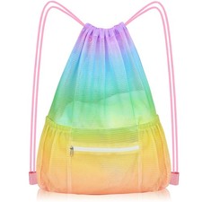 Mesh Drawstring Beach Bag Zipper Pocket Swimming Gear Gym Storage Backpack