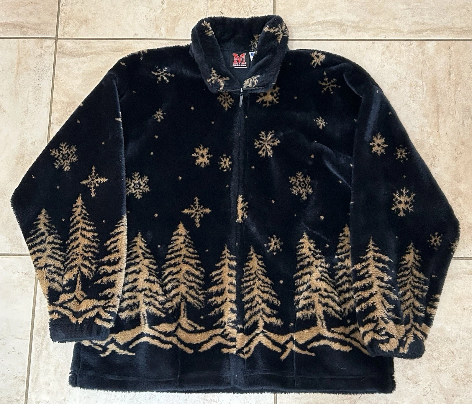 Vintage 90s Mazmania Fleece Falling Snow Brown Black Jacket Men’s Size Medium