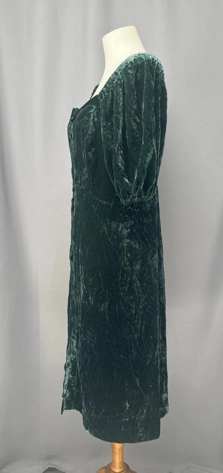 Vestido J.Crew Mujer 6 Verde Terciopelo Botón Manga Abullonada Midi Renacimiento Pradera Foto 3 de 4