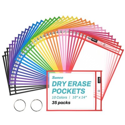 35 Packs Oversized Reusable Dry Erase Pocket Sleeves with 2 Rings, 10 Assorte...