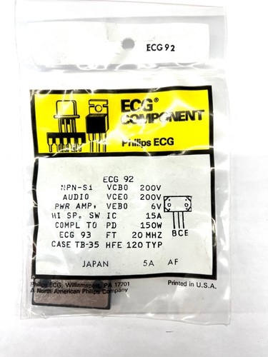 Transistor de audio de alta potencia de silicona NPN ECG92, 15A @ 200V ~ TB-35 (NTE92) - Imagen 2 de 2