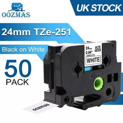 50PK 24mm Tz-251 TZe-251 Black on White Label Tape For Brother P-touch PT2730