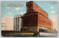 Superior Wisconsin~Great Northern Grain Elevator~Smokestack~Ship~1916 Postcard