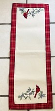 Christmas Table Runner Red Cardinal Birds Pinecones embroidery 35''x 13' Cotton