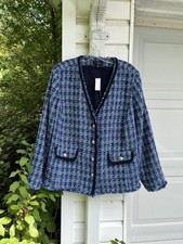 NWT Talbots Gorgeous Blues Khaki Check Braid Trim Lined Blazer Pockets 16W