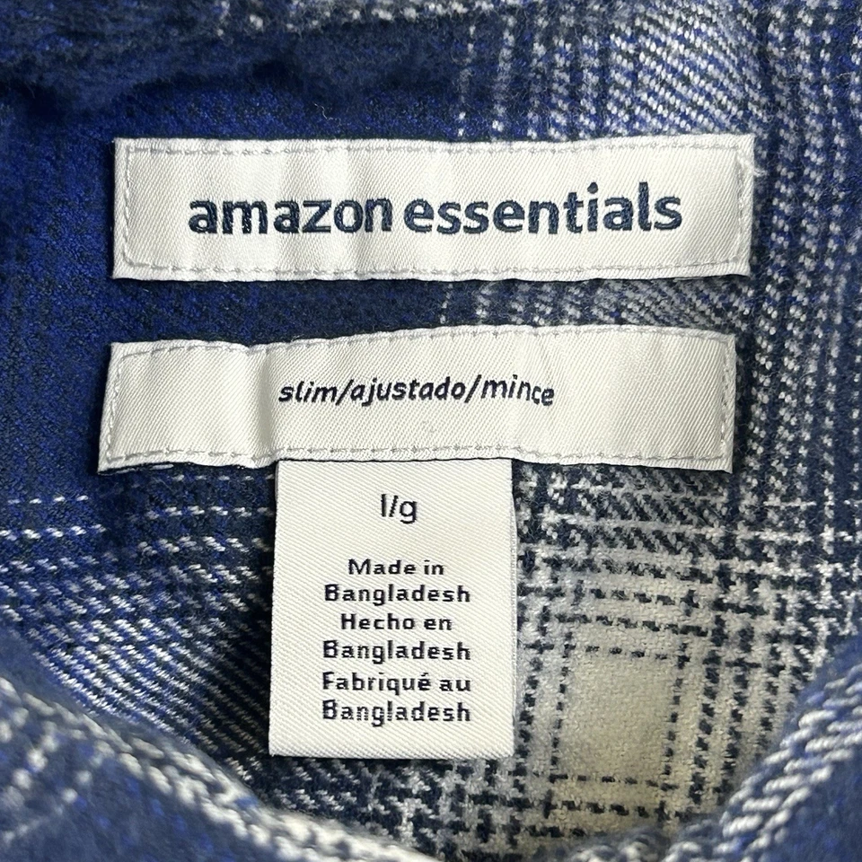 Camisa de manga larga con botones a cuadros azul blanco grande Amazon Essentials para hombre Foto 3 de 4