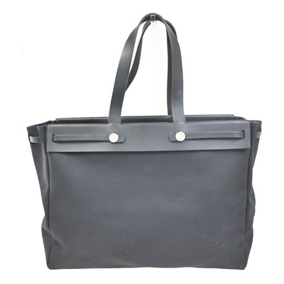 HERMES Her Bag Cabas Shoulder Hand Bag Canvas Leather Black SHW France 84RL826