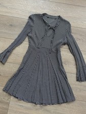 Black White Polka Dot Fit & Flare Knee Length Dress V-Neck Tie Long Sleeve