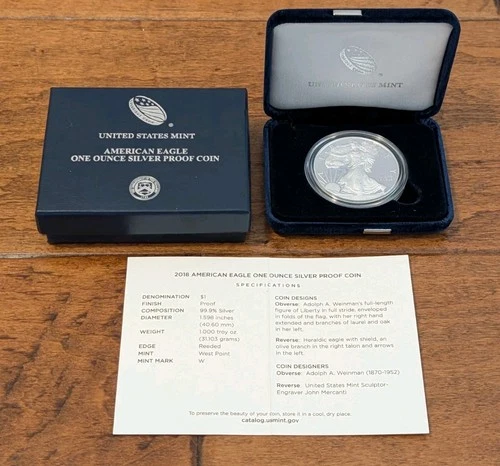 2018-W $1 US Mint Proof American Silver Eagle w/ Original Box & COA 1 Oz Ag
