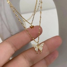 Women's Necklace Double Butterfly Pendant 18K Gold Plated Stainless Steel Chain