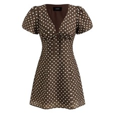 Cider V-neck Puff Sleeve Polka Dot Knotted Brown & White Mini Dress 8