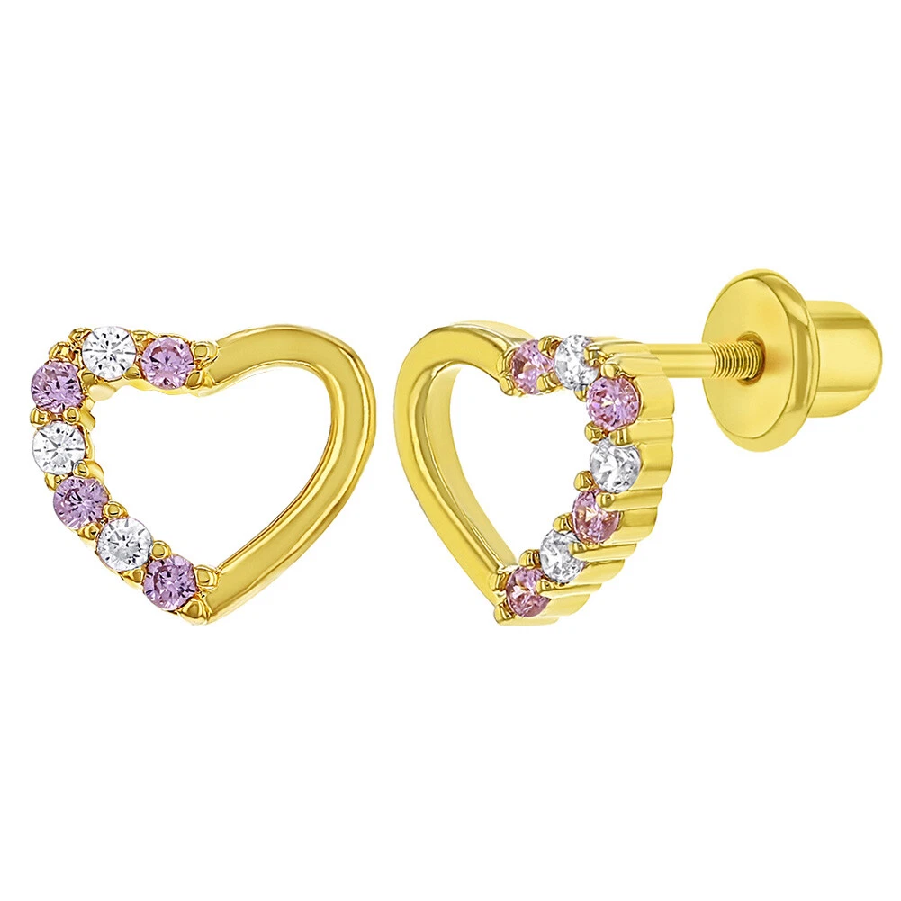 18K Gold Plated Clear Crystal Heart Children Baby Girl Screw Backs Earrings