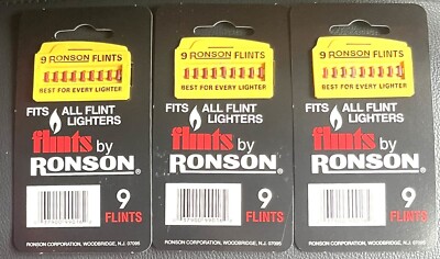 LIGHTER FLINTS, 3 pack of 9 Flints Per Card = 27 Total, New Old Stock, By Ronson