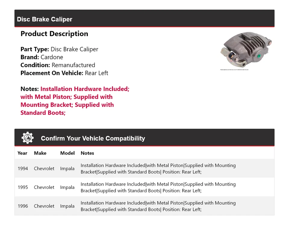 For 1994-1996 Chevrolet Impala Disc Brake Caliper Rear Left Cardone 1995 - Image 2 of 4