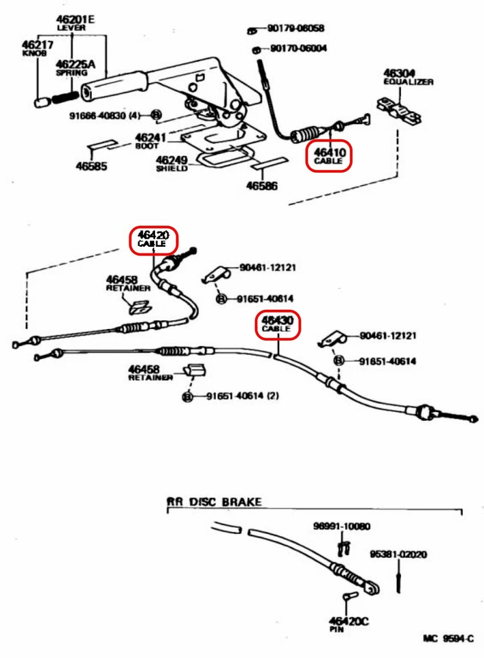 Juego de frenos de estacionamiento conjunto de cables izquierdo y derecho y centro Toyota Corolla AE86 GENUINO Foto 3 de 4