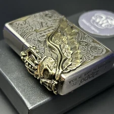Zippo Lighter Fortune Head Lucky Owl Crown Skull 3 Sided Metal Gold Silver Brass