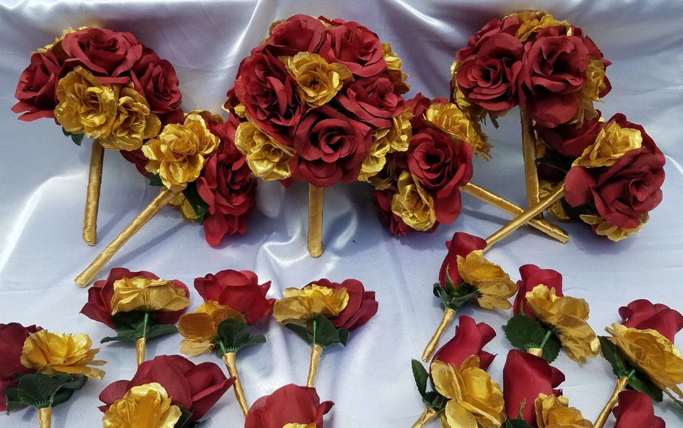 22 PC, Wedding Bouquet Set, Burgandy & Gold Roses, Wedding Flower Packages - Image 4 of 4