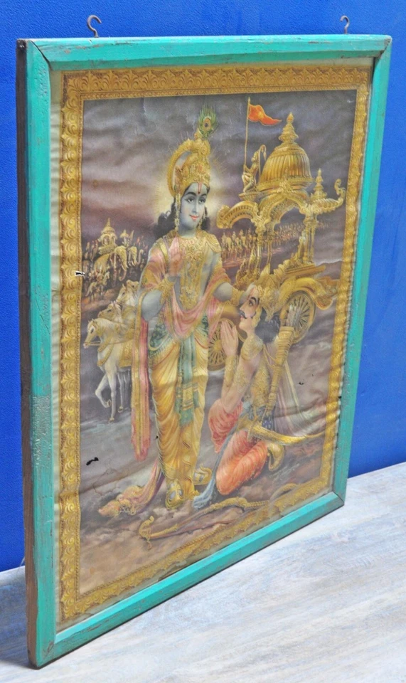 Marco de madera antiguo original con estampado litográfico de gran tamaño vintage del dios hindú Krishna Arjun Foto 4 de 4
