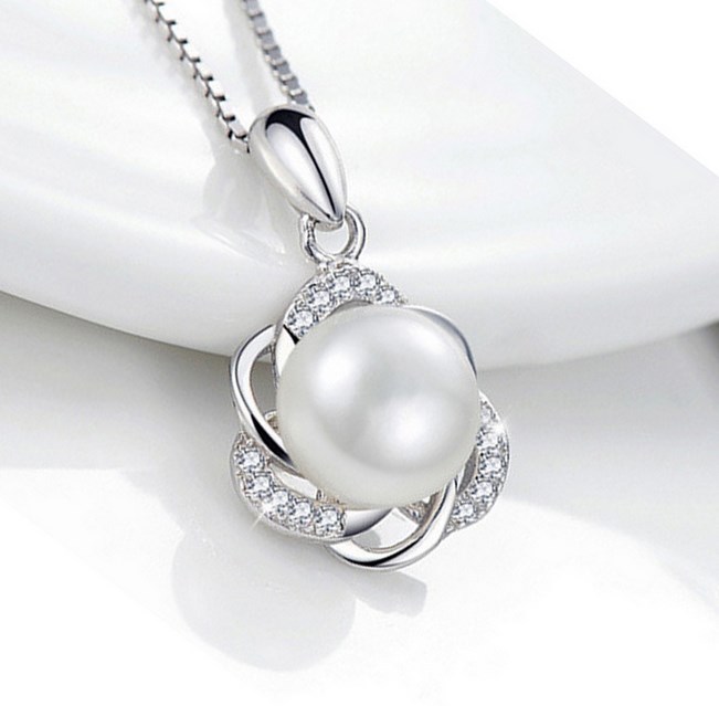 925 STERLING SILVER Round Shell PEARL FLOWER NECKLACE