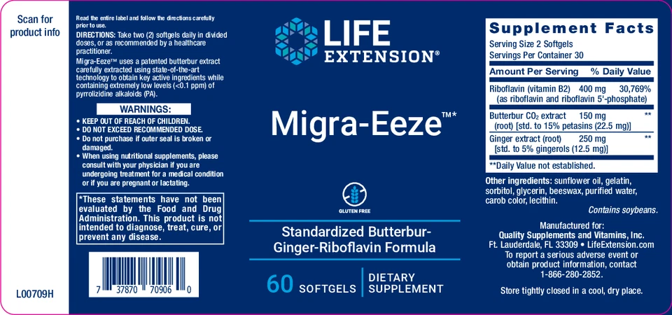 Life Extension Migra Eeze Standardized Butterbur Ginger Riboflavin 60 Softgels Foto 3 de 4