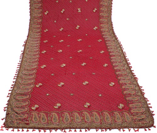 Sushila Vintage Red Heavy Dupatta Pure Georgette Silk Hand Beaded Long Stole - Picture 2 of 10