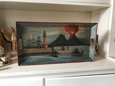FOLK ART PAINTED METAL SERVING TRAY island erupting volcano boats ship/table top