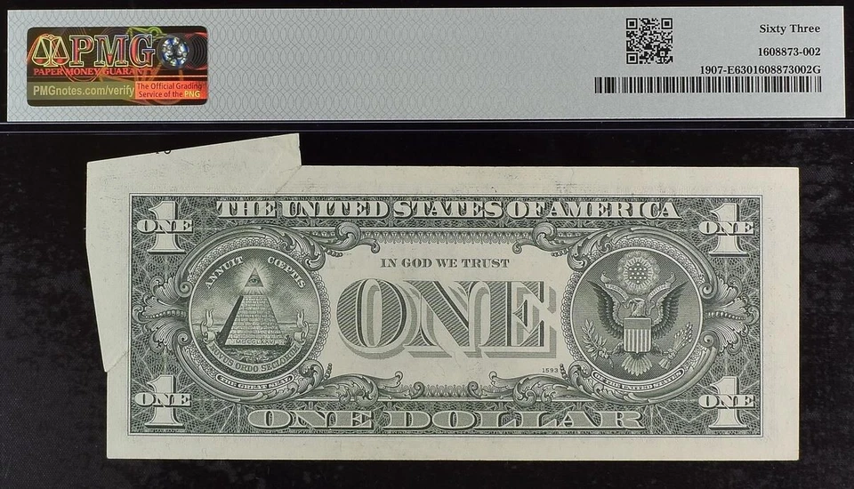1969D $1 Federal Reserve Note PMG 63 rare 2 consecutive printed fold error notes - Image 3 of 4