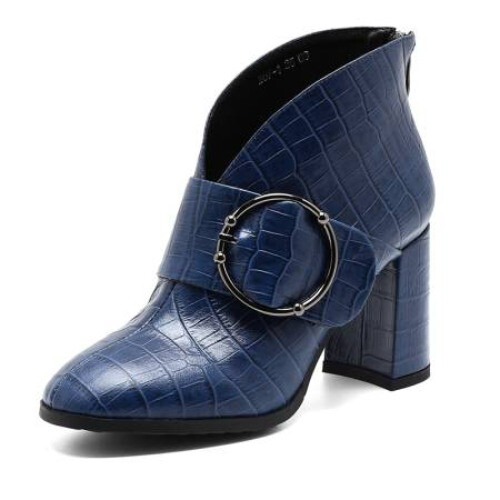 Women's Leather Pointed Toe Retro Western High Block Heel Ankle Boots Buckle Zip - Imagen 5 de 15