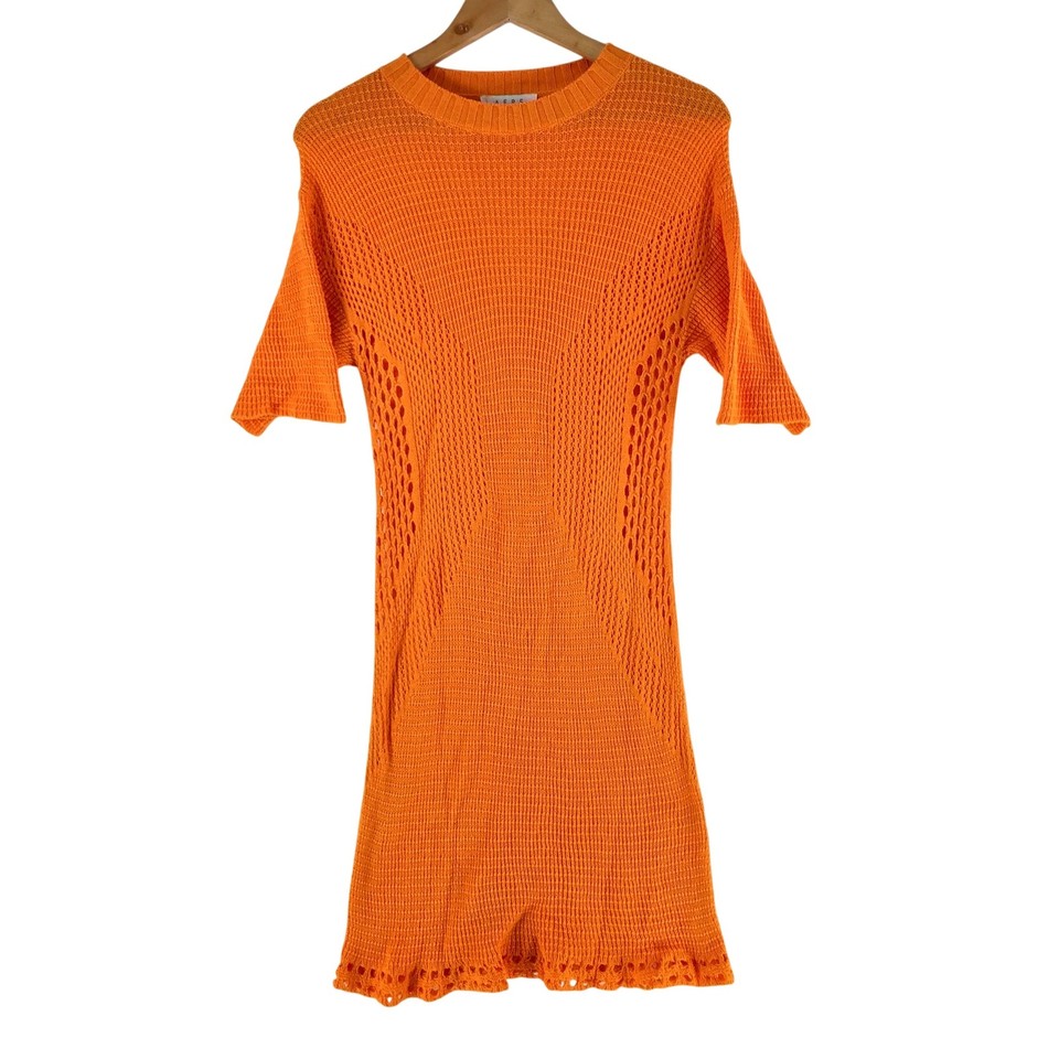 AERE Dress Womens 8 Orange Knit Crew Neck Short Sleeve Sheer Jumper Mini 130255