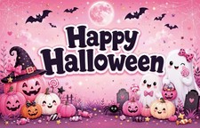 Pink Halloween Backdrop Banner, Happy Photo Booth Background