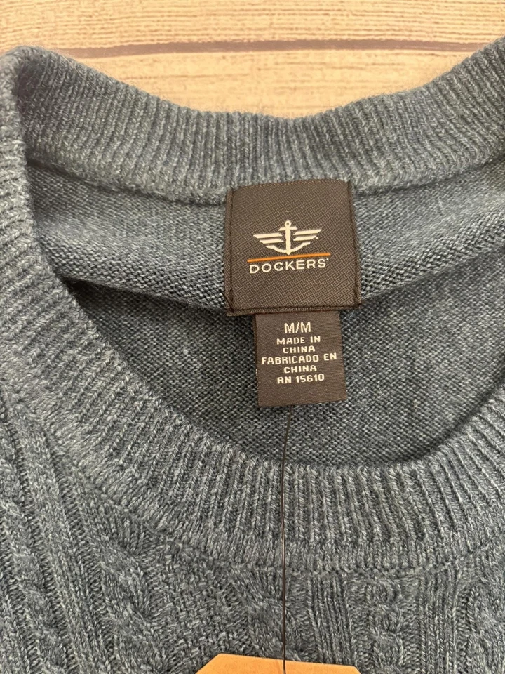 Dockers 毛衣男式中号蓝色电缆针织圆领易护理舒适触感 — 第 4/4 张图片