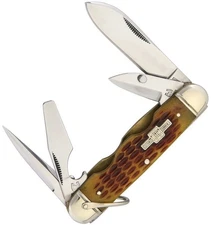 Rough Ryder Camp Pocket Knife 440 Steel Blades Amber Jigged Bone Handle 533
