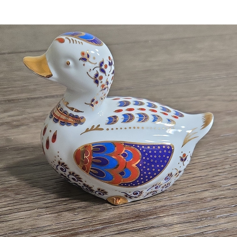 Porcelain Duck Figurine Hand-Painted Blue Red & Gold Accents Decor