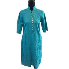 Soft Surroundings Theodora Linen Dress Teal Petite XS 3FX45 Mandarin Collar NWT