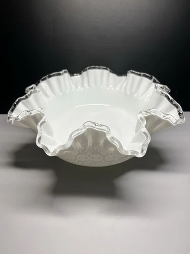 Vintage FENTON Milk Glass Silver Crest and Spanish Lace Design with Ruffled Rim