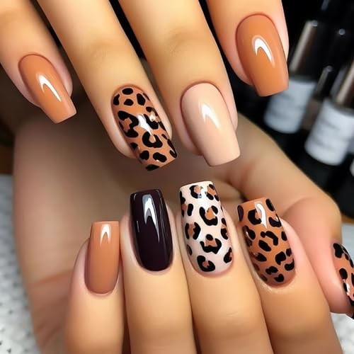 Leopard Print Press on Nails Medium Square Fake Nails Brown False Animal Print