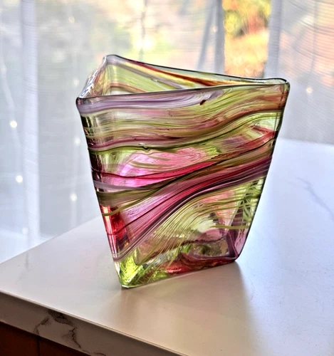 Vintage Murano Style Sommerso Art Glass Vase Pink Green Sculptural Triangle Bowl
