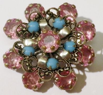 Broche Vintage Ronde Argentée - Cristaux, Perles Rose, Bleu Turquoise - Occasion