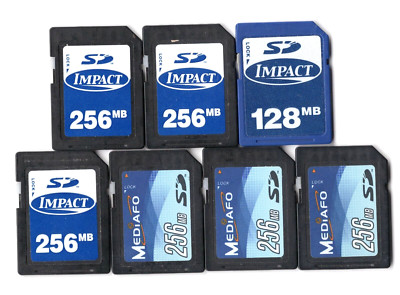 Lot Of 7x Impact & Mediafo 128MB / 256MB MEGABYTE SD Camera Memory Cards