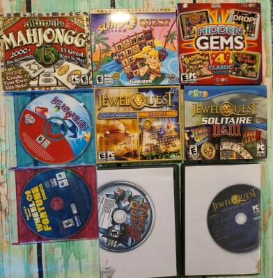Lot Of 9 PC Games  Jewel Quest, MAHJONG, HIDDEN GEMS, BEJEWELED 2, WHEEL OF FOR.