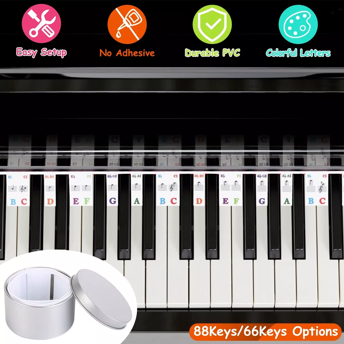 Removable Piano Keyboard Note Labels - Silicone Piano Notes Guide for  Beginner, Piano Key Music Notes Letter Label Without Stickers for 88/61 Key  Full