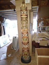 7' Yellow Cedar Totem Pole copper, abalone shell inlays, Indigenous animals